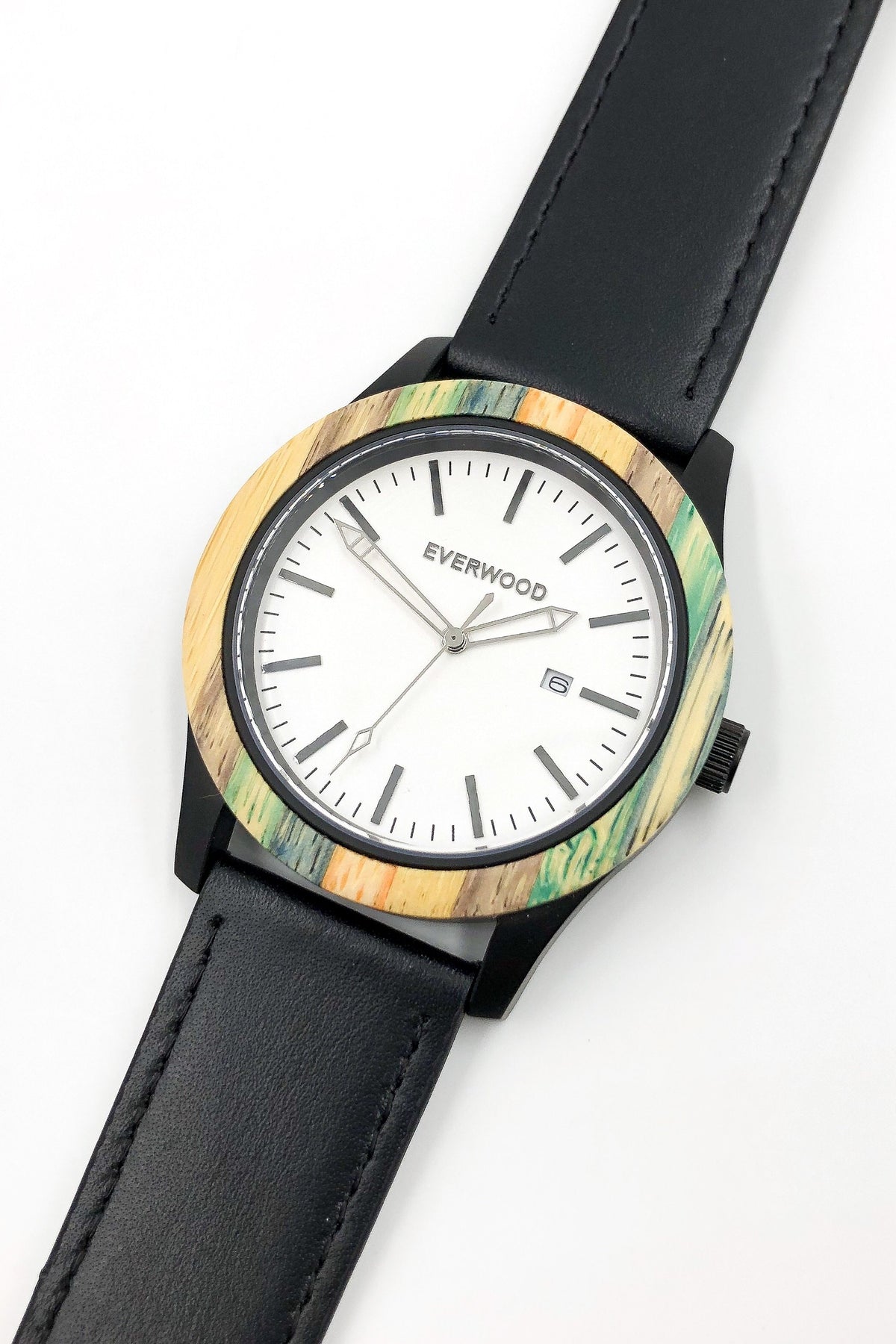 Multi Bamboo &amp; Black Leather Watch