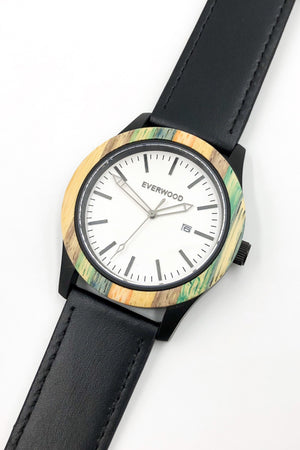 Multi Bamboo & Black Leather Watch