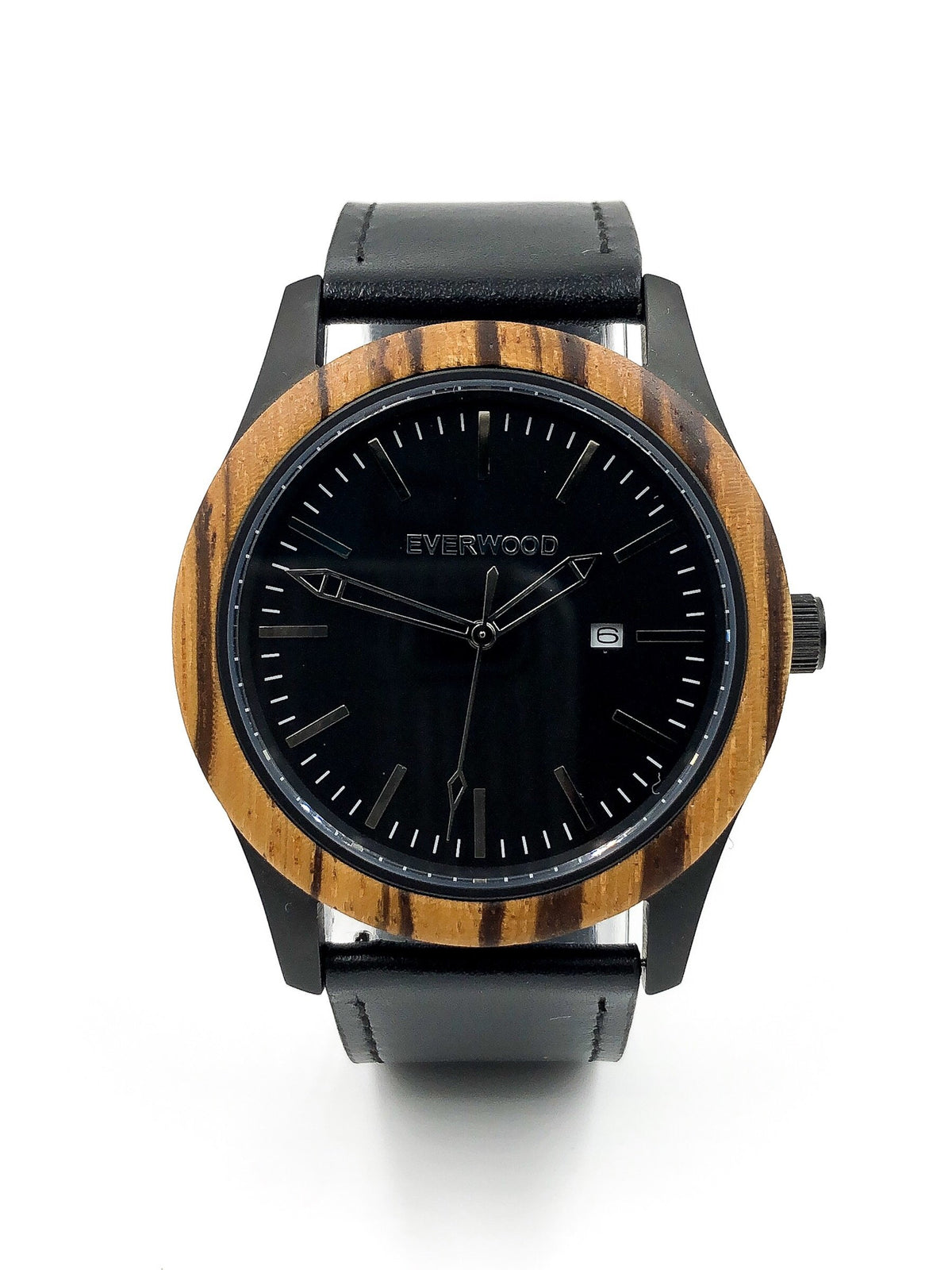 Zebrawood &amp; Black Leather Watch