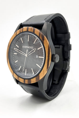 Zebrawood & Black Leather Watch