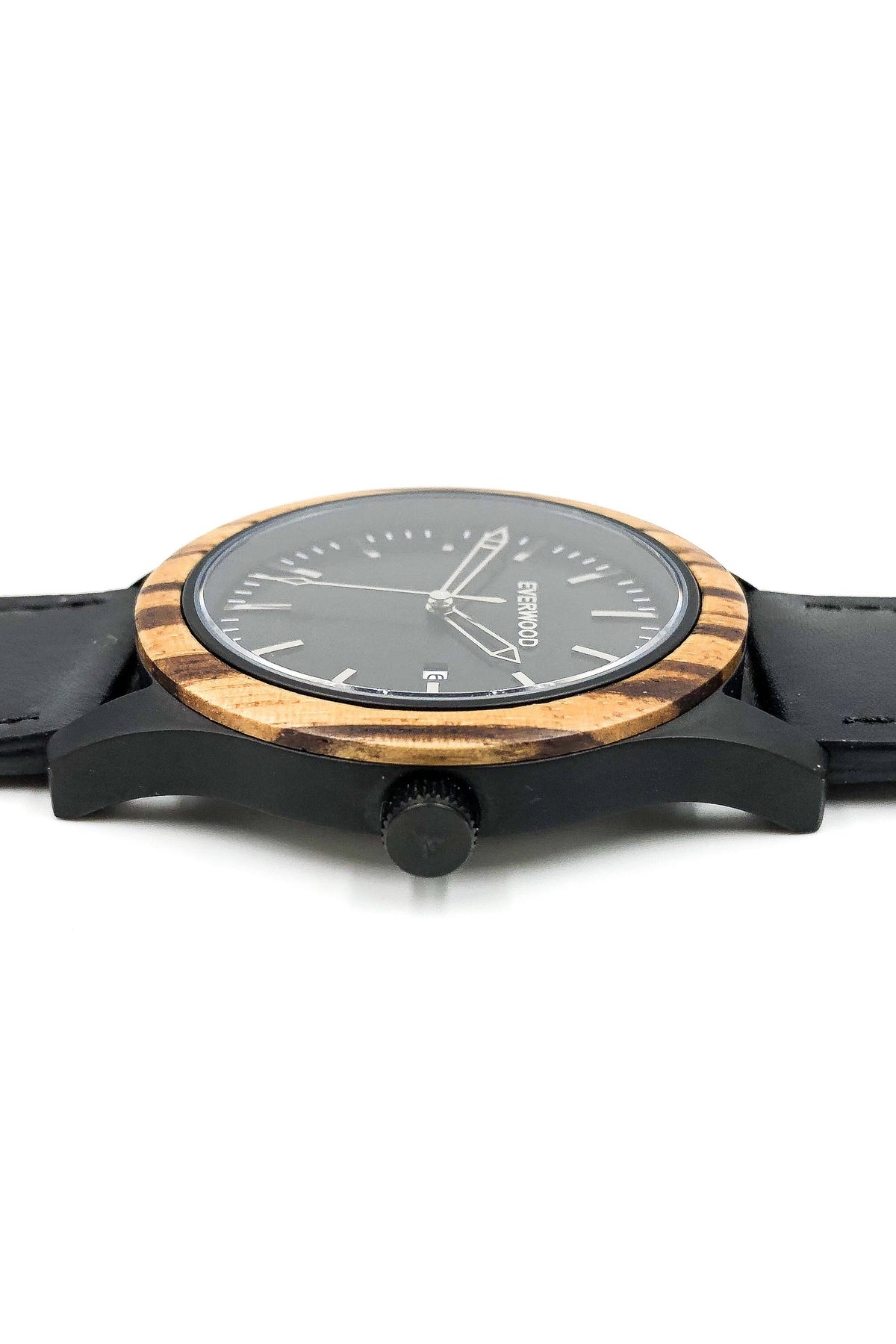 Zebrawood &amp; Black Leather Watch
