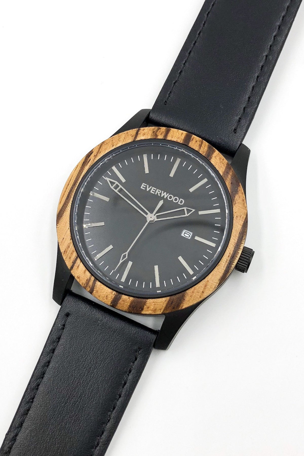 Zebrawood &amp; Black Leather Watch