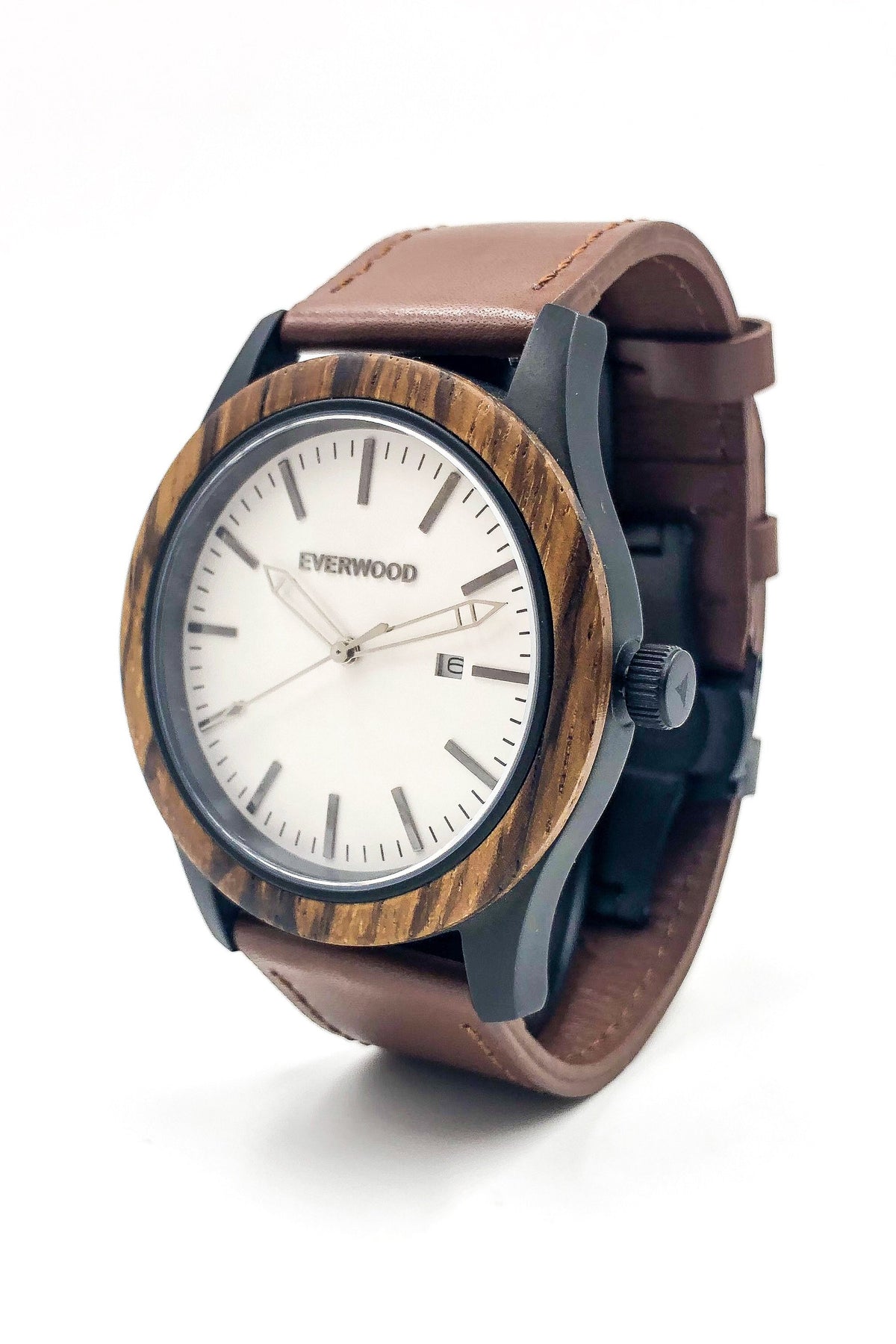 Zebrawood &amp; Brown Leather Watch