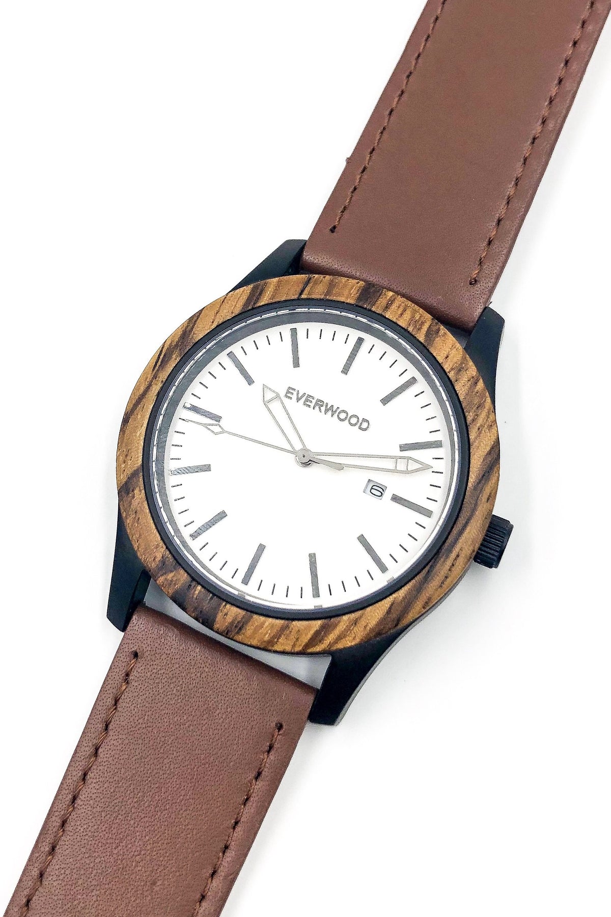 Zebrawood &amp; Brown Leather Watch