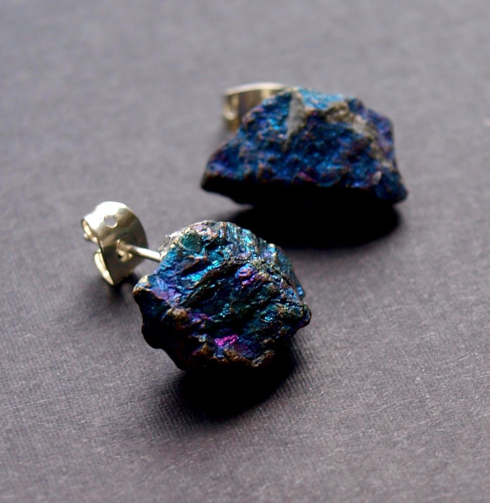 Raw Peacock Ore Geo Rock Stud Earrings