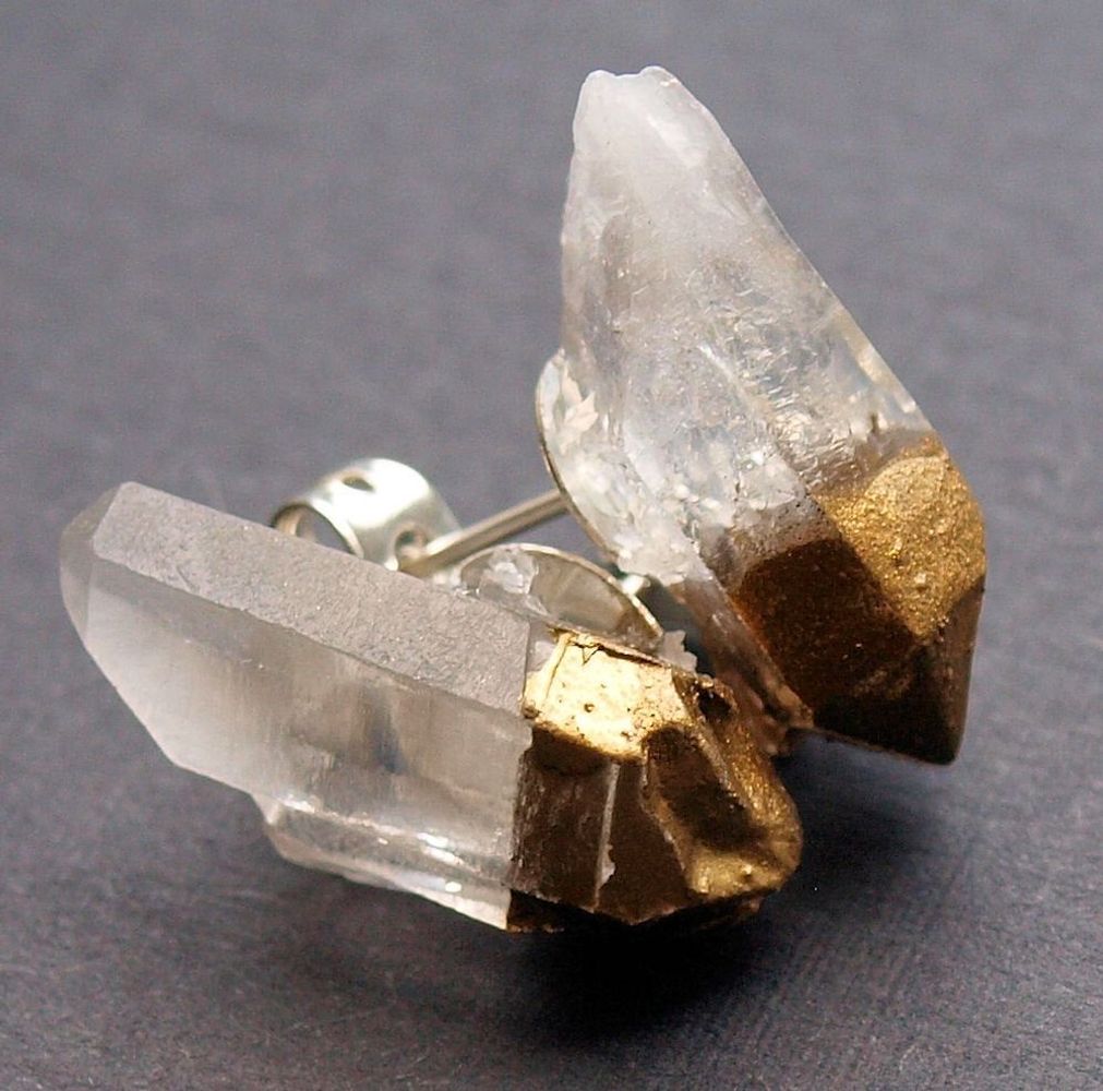 Gold &amp; Raw Quartz Rock Stud Geo Earrings