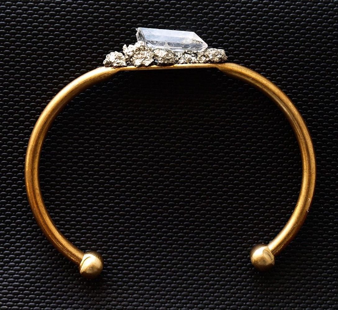 Pyrite and Quartz Gold Bangle Bracelet