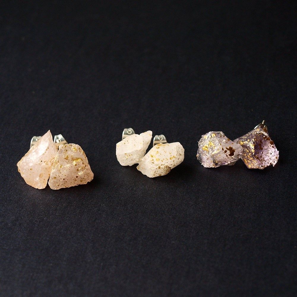 Gold Splatter &amp; Raw Rose Quartz Rock Stud Geo Earrings