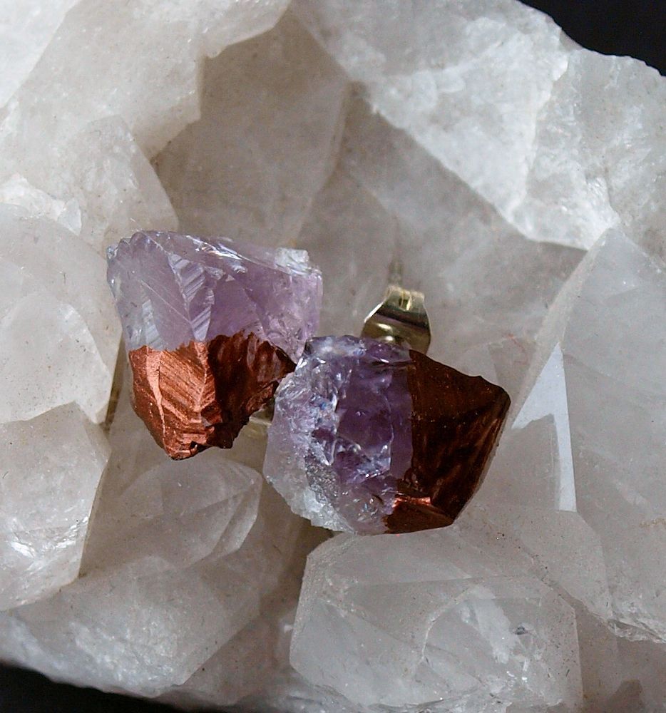 Bronze &amp; Raw Amethyst Rock Stud Geo Earrings
