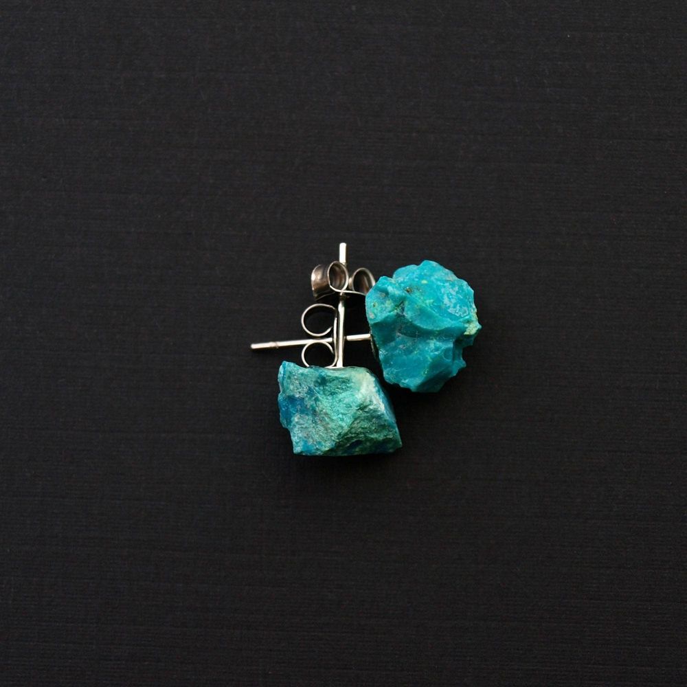 Raw Chrysocolla Rock Stud Crystal Earrings