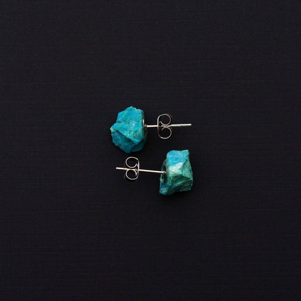 Raw Chrysocolla Rock Stud Crystal Earrings