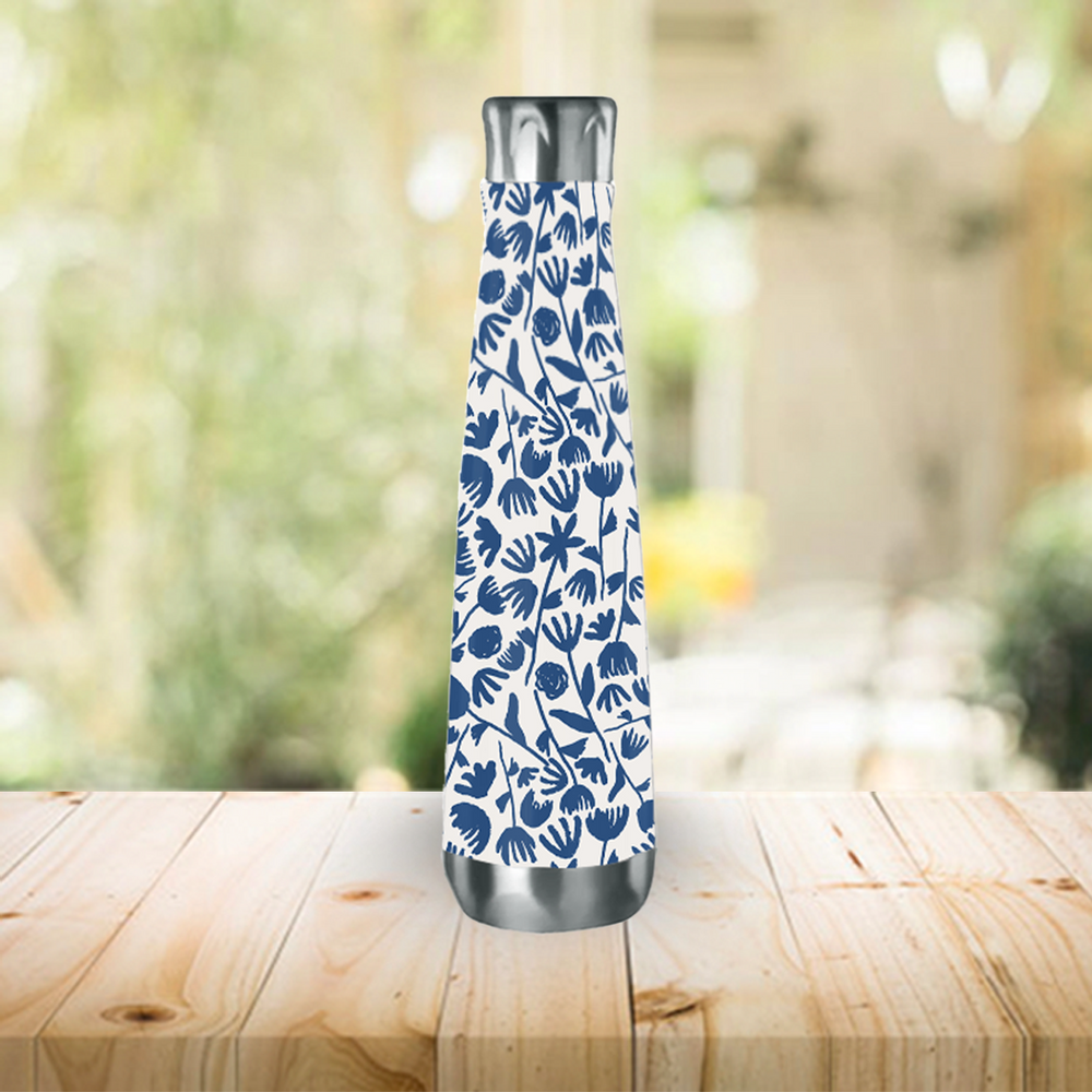 Dark Blue Ink Floral Water Bottle