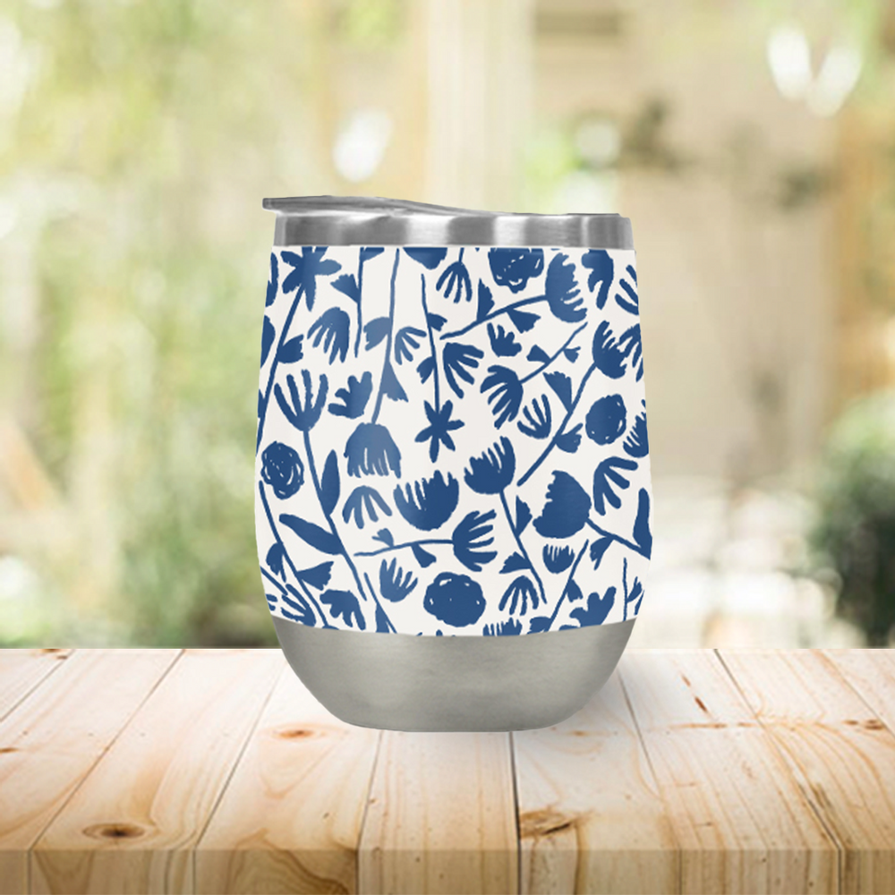 Dark Blue Ink Floral Wine Tumbler
