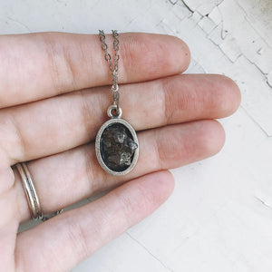 Oval Raw Meteorite Necklace in Matte Brushed Silver