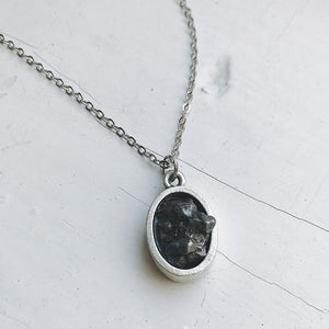 Oval Raw Meteorite Necklace in Matte Brushed Silver