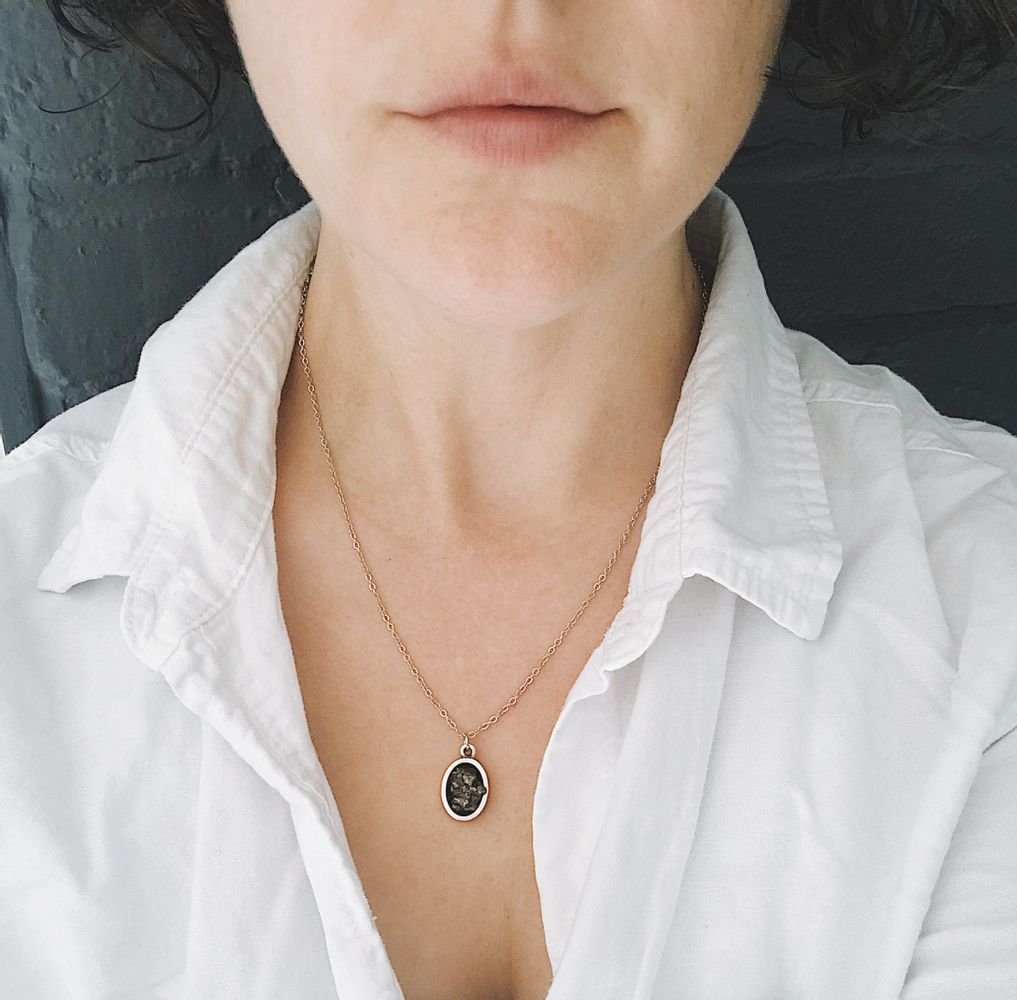 Oval Raw Meteorite Necklace in Matte Brushed Silver