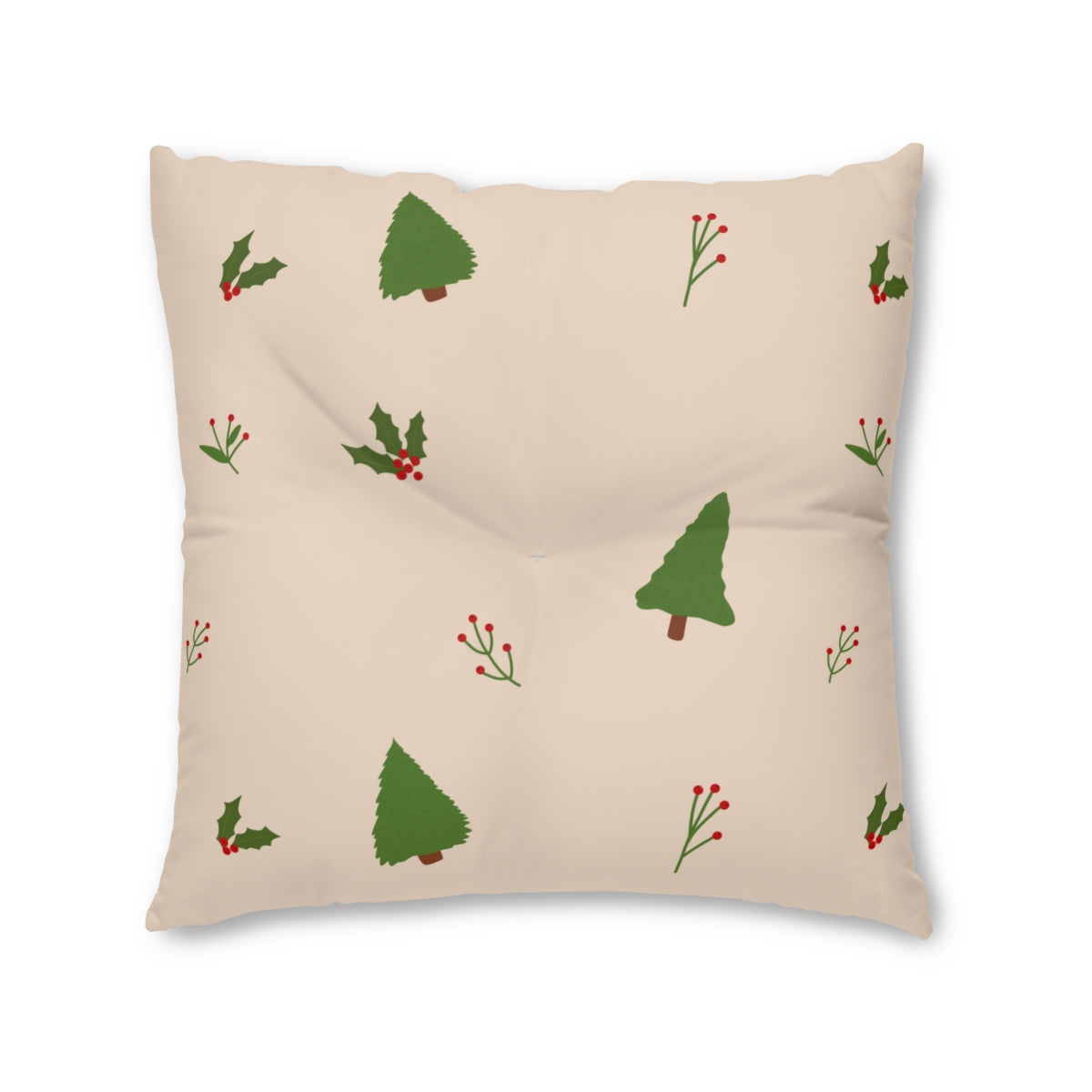 Square Tufted Holiday Floor Pillow - Evergreen Trees &amp; Holly