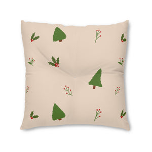 Square Tufted Holiday Floor Pillow - Evergreen Trees & Holly