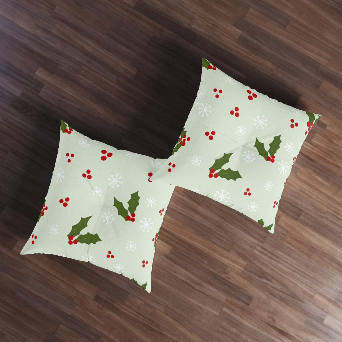 Square Tufted Holiday Floor Pillow - Holly &amp; Snowflakes