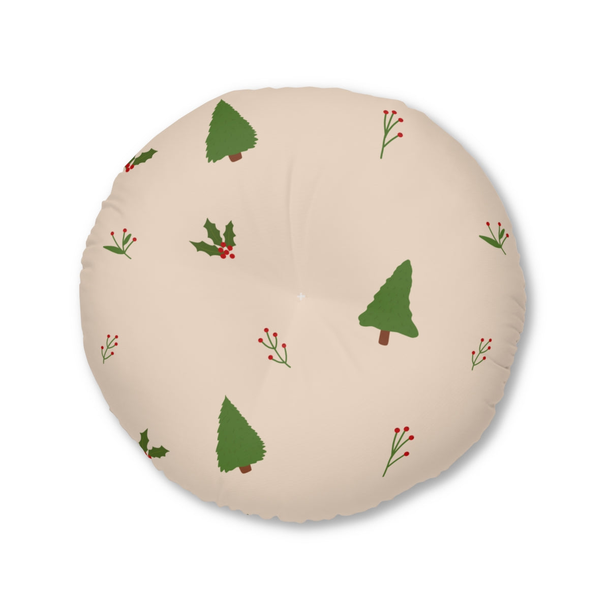 Round Tufted Holiday Floor Pillow - Evergreen Trees &amp; Holly