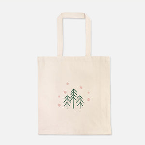 Heavy Cotton Tote Bag – Evergreens & Red Snowflakes