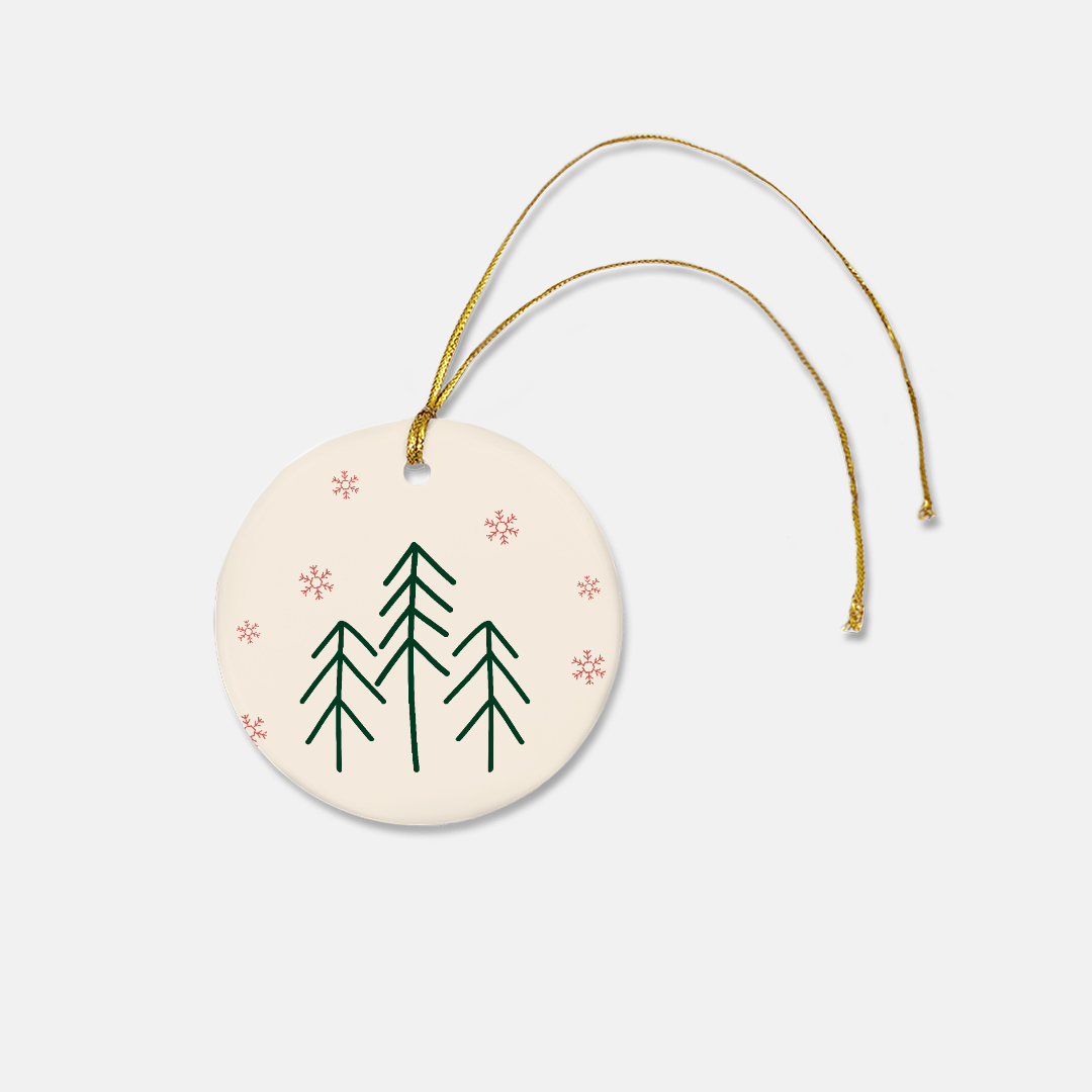 Round Ceramic Holiday Ornament - Evergreen Trees &amp; Red Snowflakes