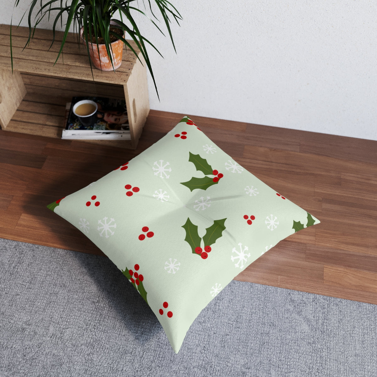 Square Tufted Holiday Floor Pillow - Holly &amp; Snowflakes