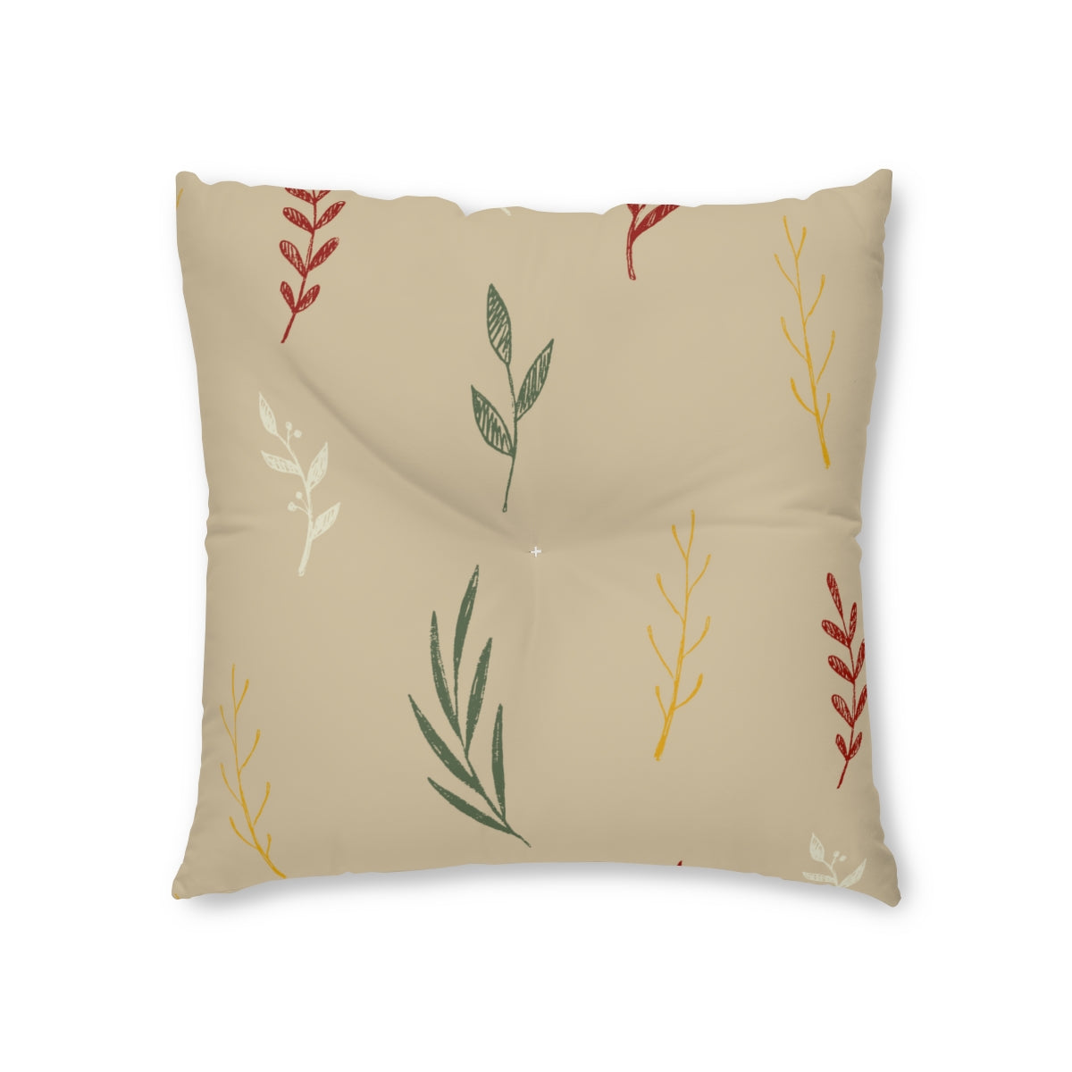 Beige Square Tufted Holiday Floor Pillow - Colorful Garland
