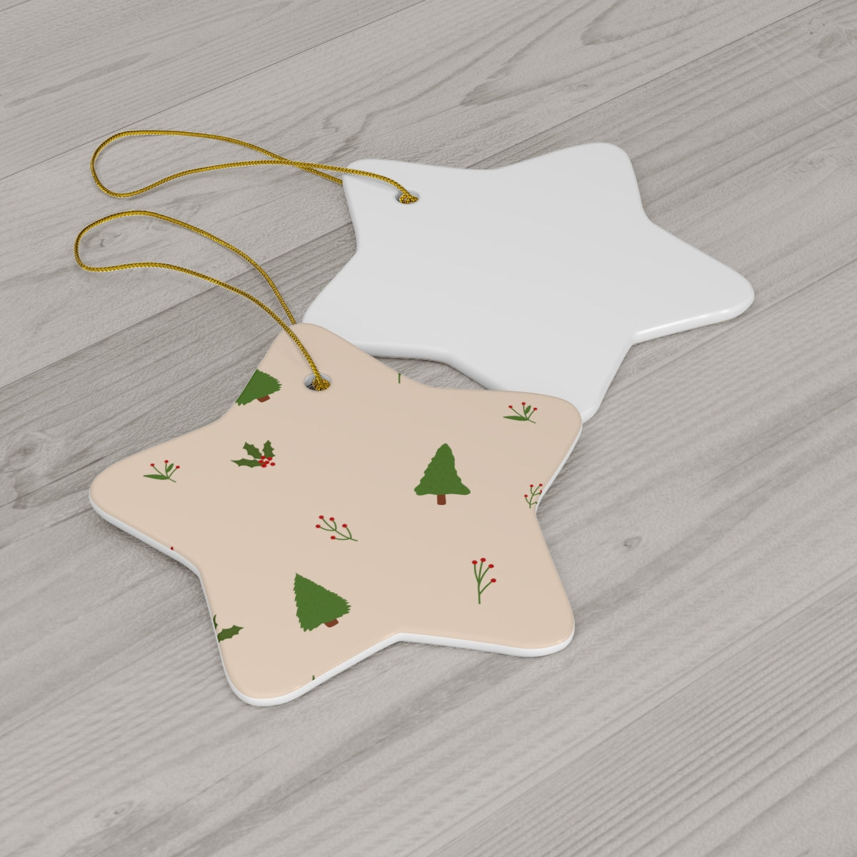 Beige Ceramic Holiday Ornament - Evergreen Trees &amp; Holly