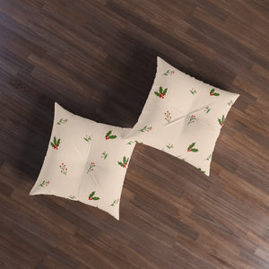 Beige Square Tufted Holiday Floor Pillow - Holly