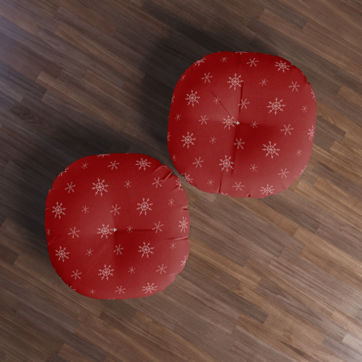 Red Round Tufted Holiday Floor Pillow - Snowflakes