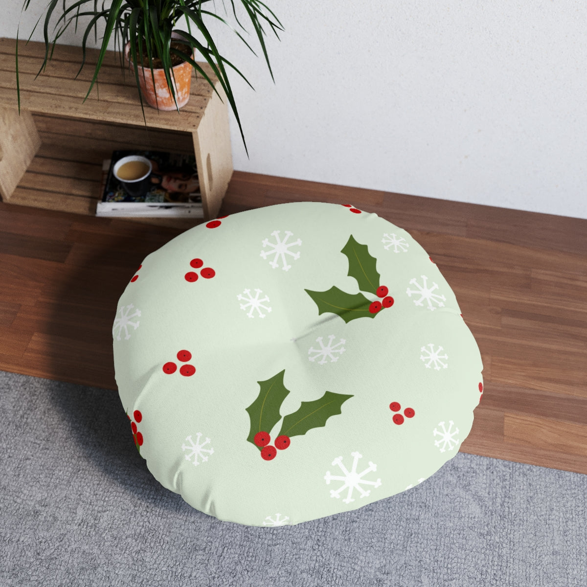 Round Tufted Holiday Floor Pillow - Holly &amp; Snowflakes