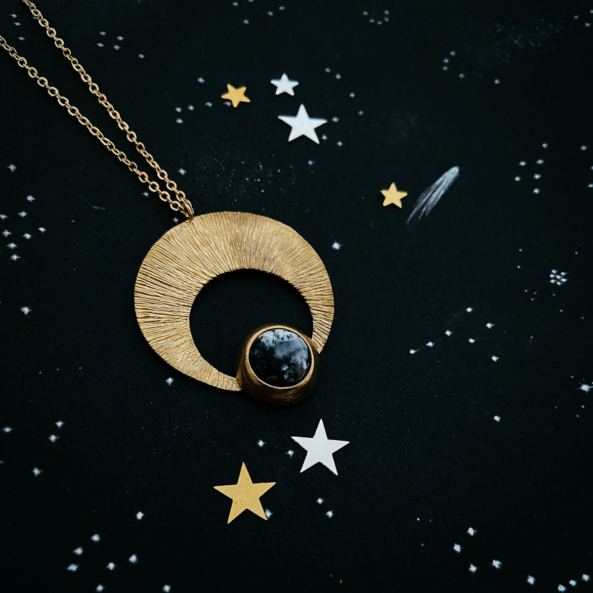 Crescent Moon Pendant with Brass &amp; Dendritic Agate